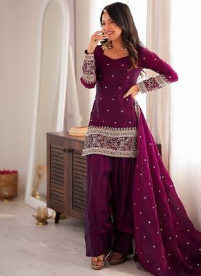 Wine color fancy silk embroidered farsi top set full stitched 2
