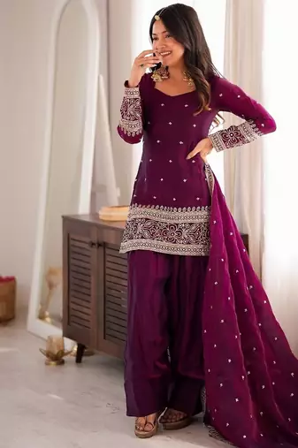 Wine color fancy silk embroidered farsi top set full stitched
