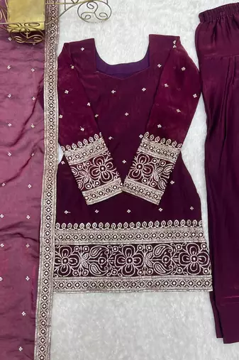 Wine color fancy silk embroidered farsi top set full stitched