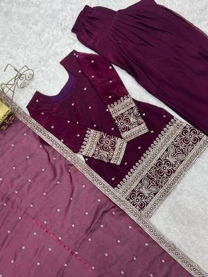 Wine color fancy silk embroidered farsi top set full stitched 5