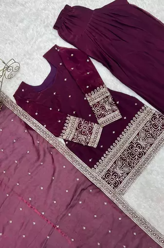 Wine color fancy silk embroidered farsi top set full stitched