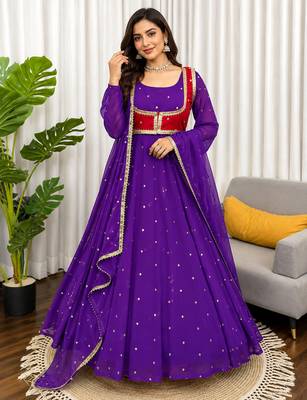 Purple georgette anarkali suit set with koti, pant & dupatta 1