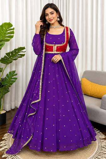 Purple georgette anarkali suit set with koti, pant & dupatta