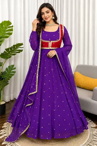 Purple georgette anarkali suit set with koti, pant & dupatta