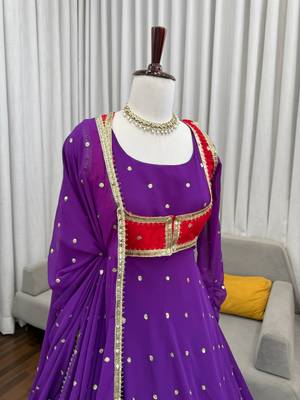 Purple georgette anarkali suit set with koti, pant & dupatta 2