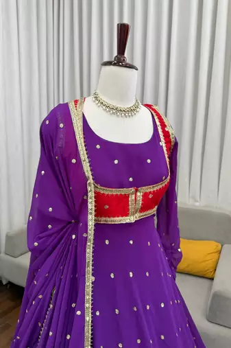 Purple georgette anarkali suit set with koti, pant & dupatta