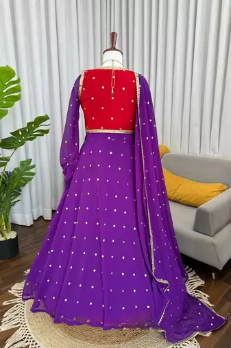 Purple georgette anarkali suit set with koti, pant & dupatta