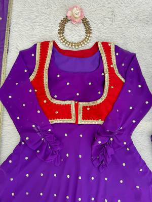 Purple georgette anarkali suit set with koti, pant & dupatta 4