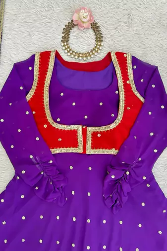 Purple georgette anarkali suit set with koti, pant & dupatta