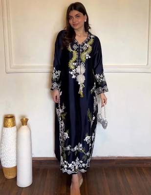 Navy blue satin rayon kaftan set with dupatta 1