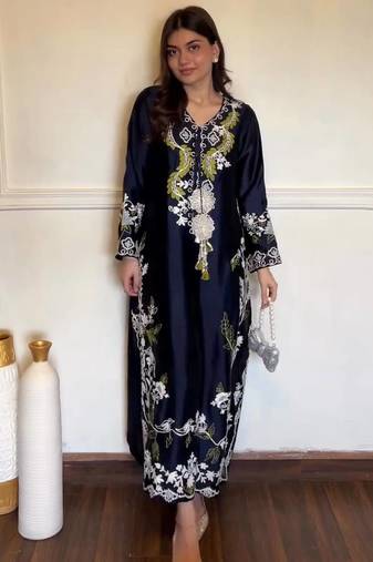 Navy blue satin rayon kaftan set with dupatta