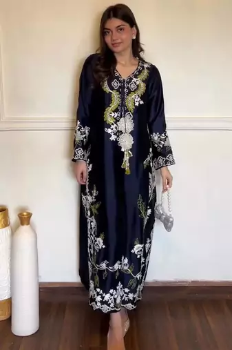 Navy blue satin rayon kaftan set with dupatta