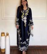 Navy blue satin rayon kaftan set with dupatta