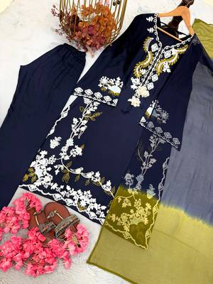 Navy blue satin rayon kaftan set with dupatta 2