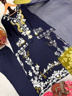 Navy blue satin rayon kaftan set with dupatta 3