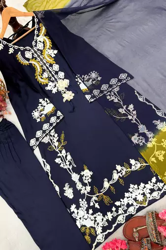 Navy blue satin rayon kaftan set with dupatta