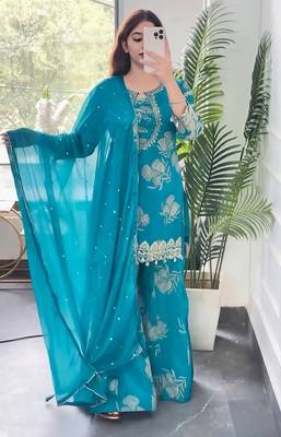 Sky blue georgette embroidered sharara suit set with dupatta 2