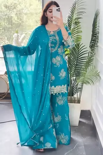 Sky blue georgette embroidered sharara suit set with dupatta