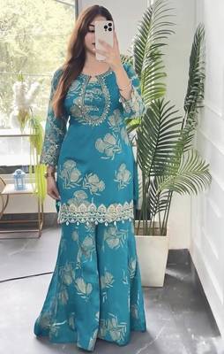Sky blue georgette embroidered sharara suit set with dupatta 3