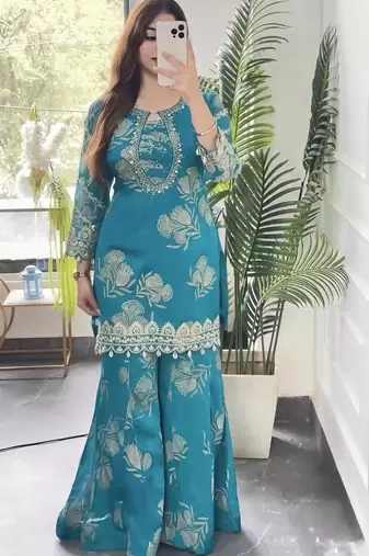 Sky blue georgette embroidered sharara suit set with dupatta