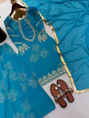 Sky blue georgette embroidered sharara suit set with dupatta 4