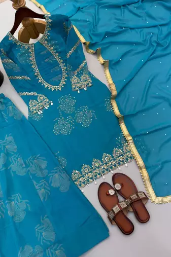 Sky blue georgette embroidered sharara suit set with dupatta