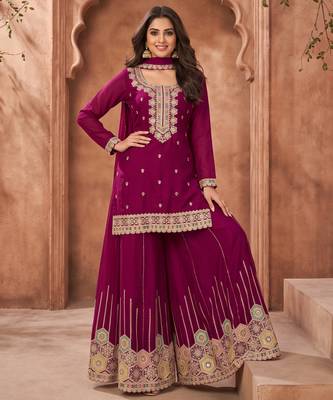 Magenta premium chinon kurta palazzo set with dupatta 1