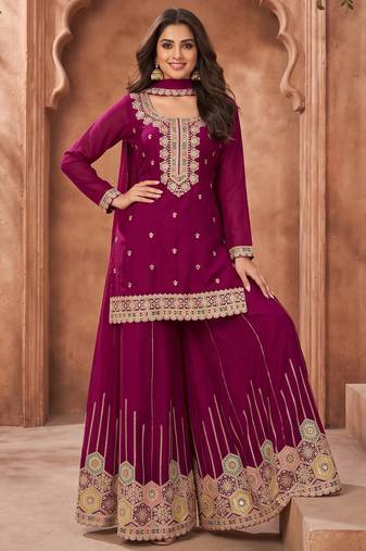 Magenta premium chinon kurta palazzo set with dupatta