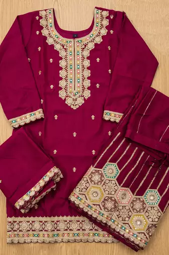 Magenta premium chinon kurta palazzo set with dupatta
