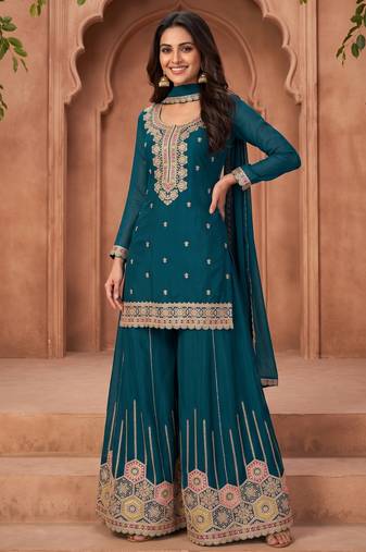 Teal blue premium chinon kurta palazzo set with dupatta