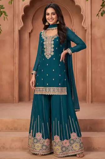 Teal blue premium chinon kurta palazzo set with dupatta