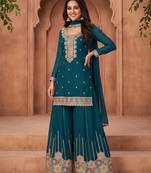 Teal blue premium chinon kurta palazzo set with dupatta