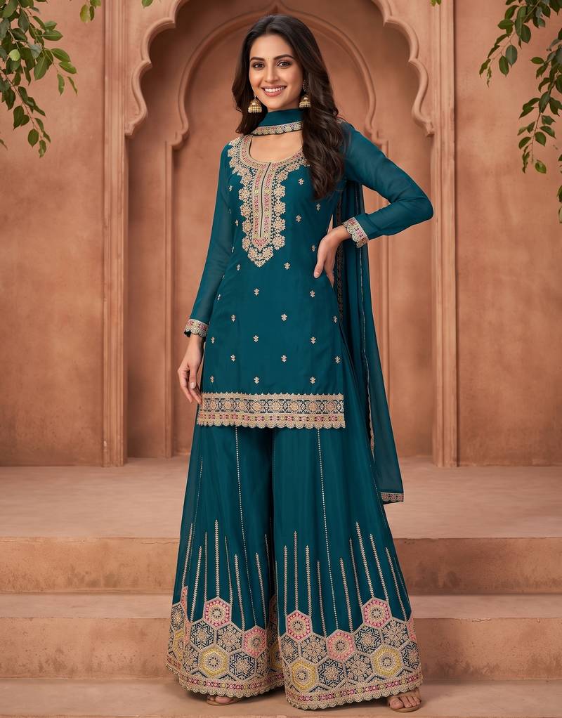 Teal blue premium chinon kurta palazzo set with dupatta