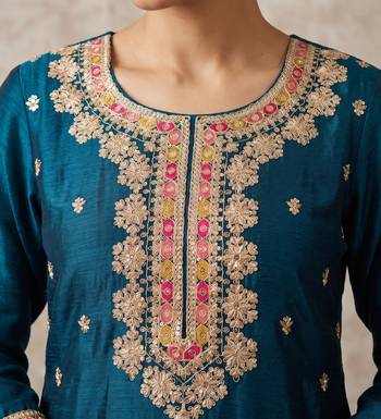 Teal blue premium chinon kurta palazzo set with dupatta 2