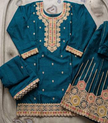Teal blue premium chinon kurta palazzo set with dupatta 4