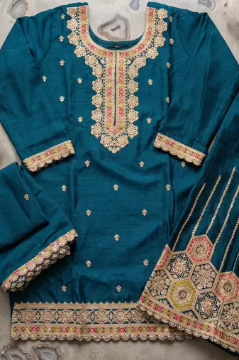 Teal blue premium chinon kurta palazzo set with dupatta
