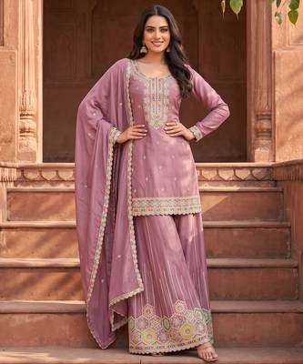 Mauve premium chinon kurta palazzo set with dupatta 1