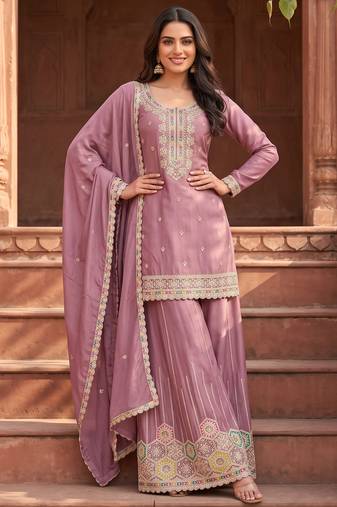 Mauve premium chinon kurta palazzo set with dupatta