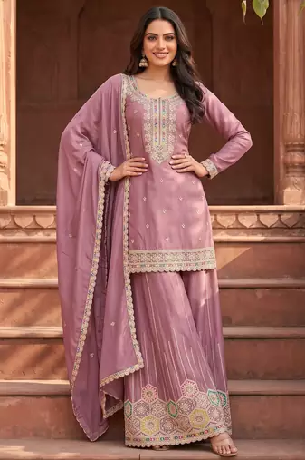Mauve premium chinon kurta palazzo set with dupatta