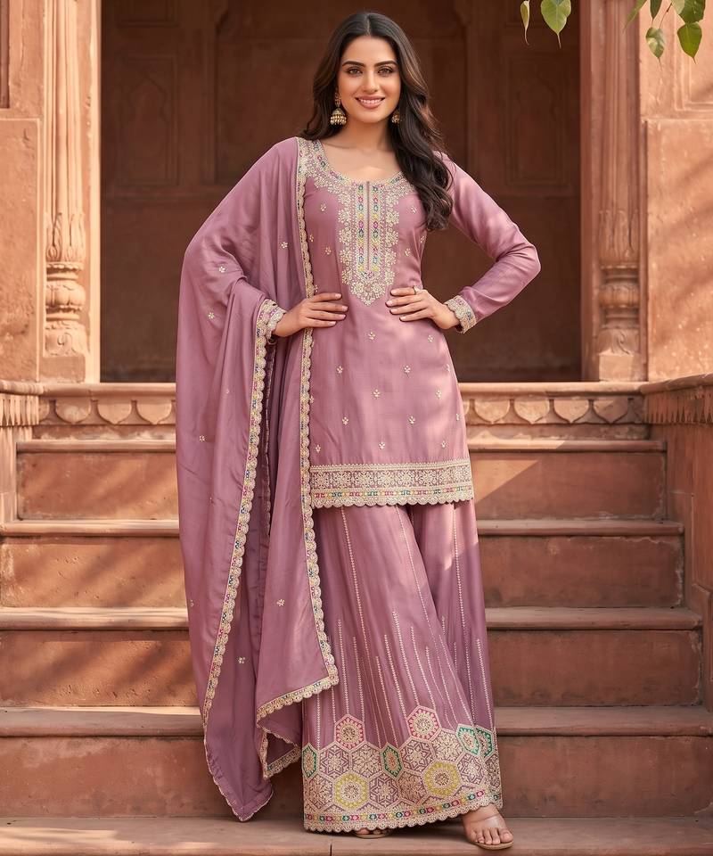 Mauve premium chinon kurta palazzo set with dupatta
