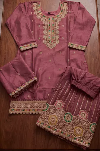 Mauve premium chinon kurta palazzo set with dupatta