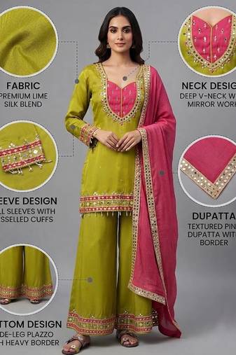 Green roman glass mirror work kurta palazzo set with kota dupatta