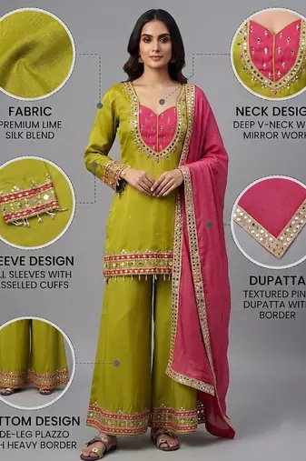 Green roman glass mirror work kurta palazzo set with kota dupatta