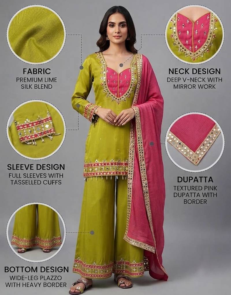 Green roman glass mirror work kurta palazzo set with kota dupatta