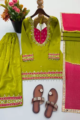 Green roman glass mirror work kurta palazzo set with kota dupatta