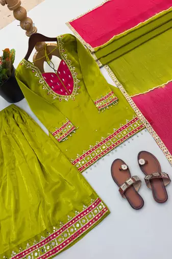 Green roman glass mirror work kurta palazzo set with kota dupatta