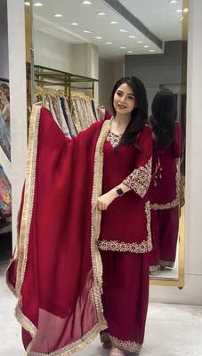 Red blooming faux embroidered sharara set with dupatta 1