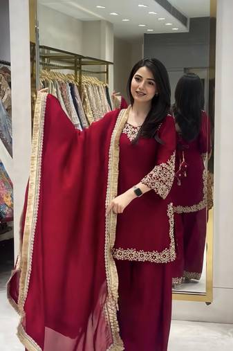 Red blooming faux embroidered sharara set with dupatta