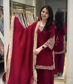 Red blooming faux embroidered sharara set with dupatta
