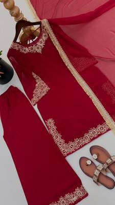 Red blooming faux embroidered sharara set with dupatta 2